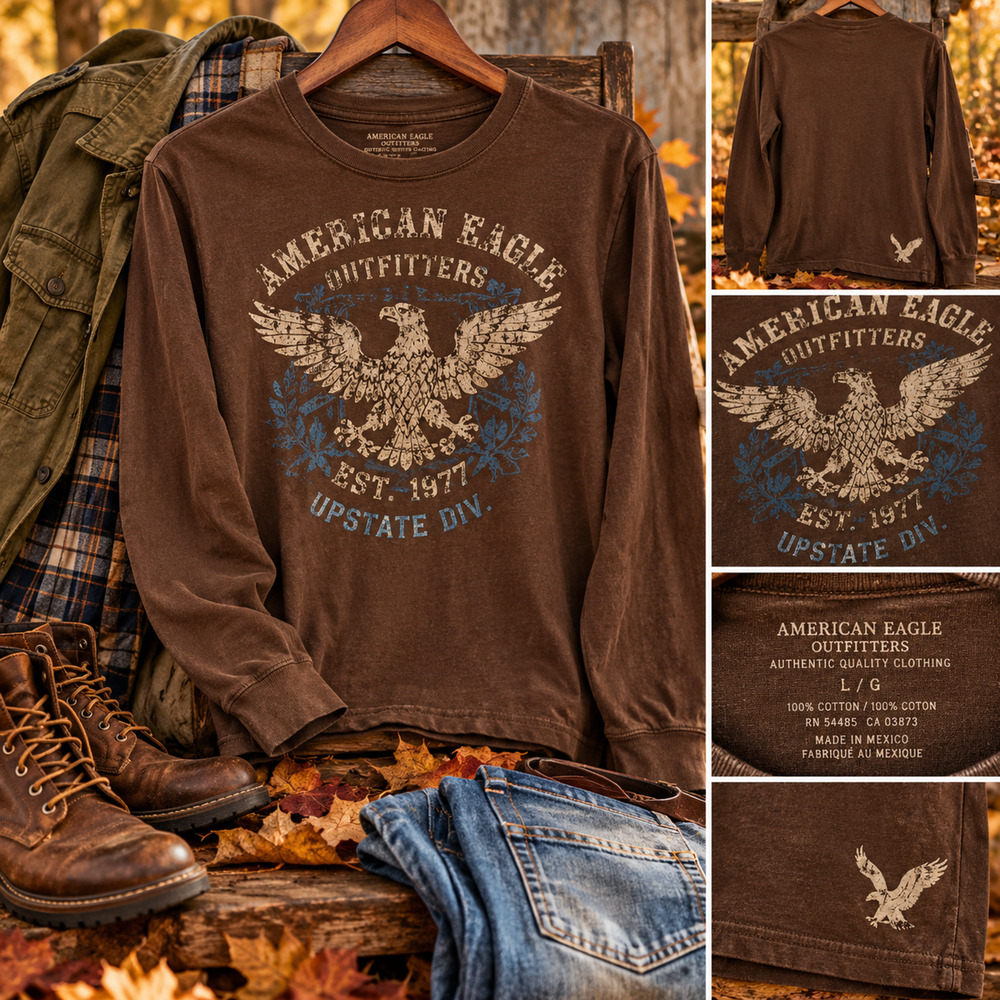 Vintage Y2K American Eagle Mens L Brown Long Sleeve Eagle Graphic Shirt 2000s